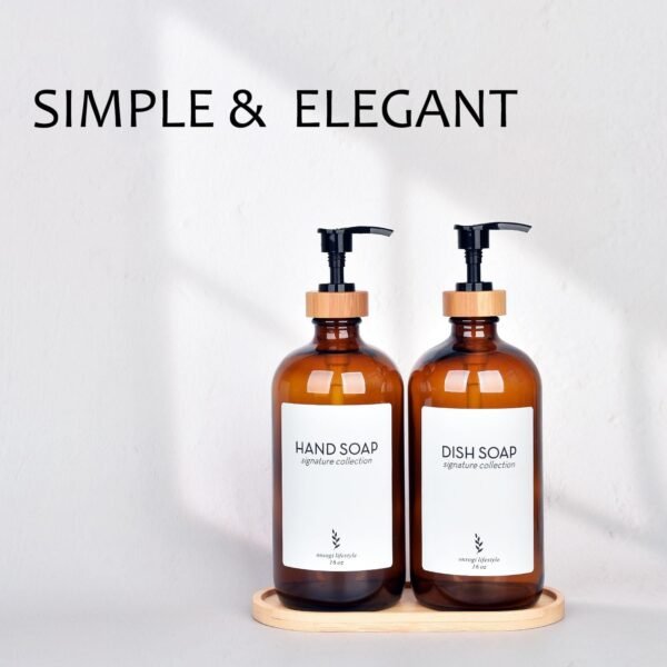 16 Oz Amber Glass Soap Dispenser with Bamboo Tray, Hand Soap Dispenser | Dish Soap Dispenser for Bathroom Set Accessories, Kitchen Counter Farmhouse Boho Decor and Organization - 2 Pack - Image 3