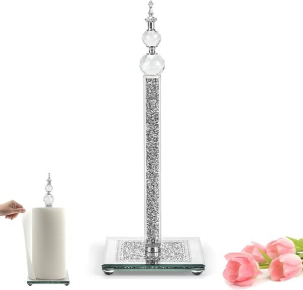 Silver Glass Paper Towel Holder,Crushed Diamond Standing Paper Towel Roll Holder,Kitchen Bathroom Countertop Crystal Paper Towel Holder with Cube Base