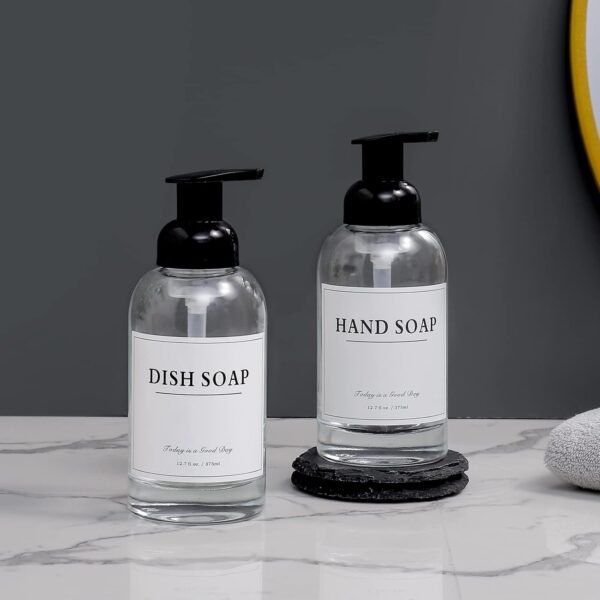 rejomiik Foaming Soap Dispenser Thick Glass Foam for Bathroom or Kitchen Sink, 12.7 oz Clear Pump Bottles for Hand soap, Body Wash, Black 2 Pack - Image 7