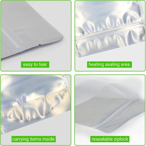 100 Pack 7 x 10 Inch Stand Up Pouch Bags Zipper Mylar Bags Clear Front with Aluminum Foil Back Reusable Food Storage Bags for Multipurpose with Gusset Bottom(5.5mil Thickness) - Image 4