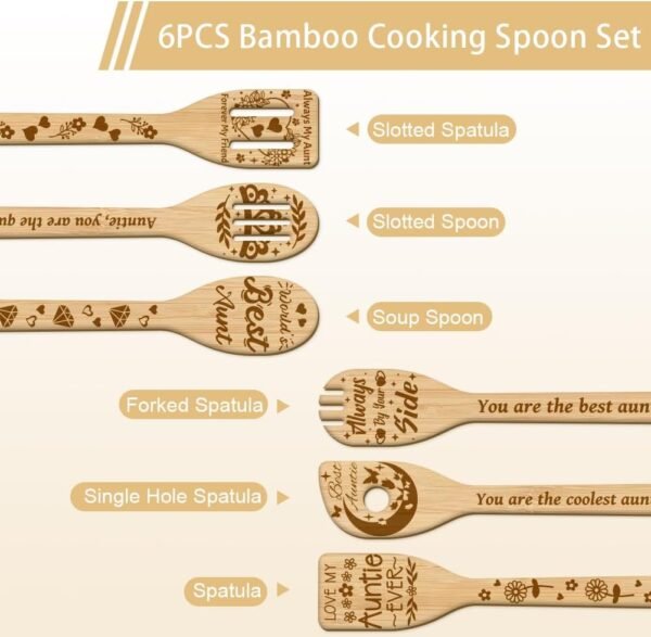 GLOBLELAND 6Pcs Aunt Auntie Wooden Spoons Utensil Set Bamboo Carving Kitchen Cooking Utensils Wooden Engraved Cooking Spatula Set for Kitchen Fun House Warming Gift - Image 2