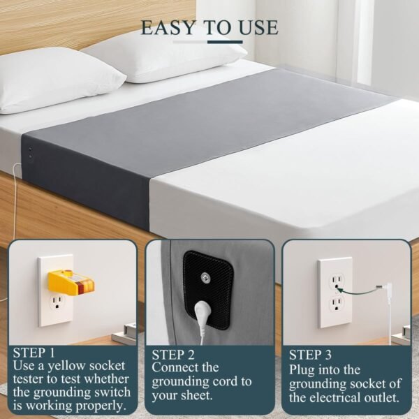 Grounding Sheets, Grounding Mat for Bed Earth Grounded Sheet Pad 10% Silver Fiber+90% Organic Cotton, for Queen, King and All Mattress Sizes, with Outlet Tester & Cord 104"*24" (Grey) - Image 7