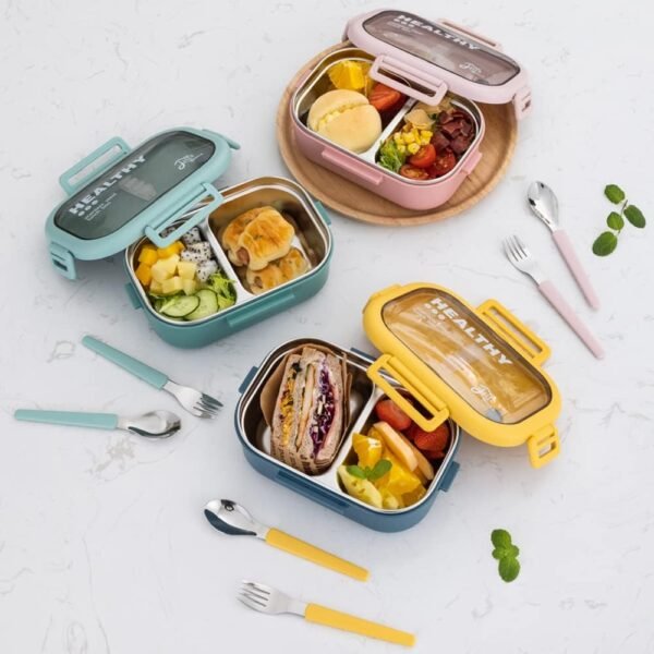 Lille Home 28oz Stainless Steel Leakproof 2-Compartment Bento Lunch Box/Portion Control Food Container with Lunch Bag and Cutlery Set, BPA Free (Blue) - Image 6