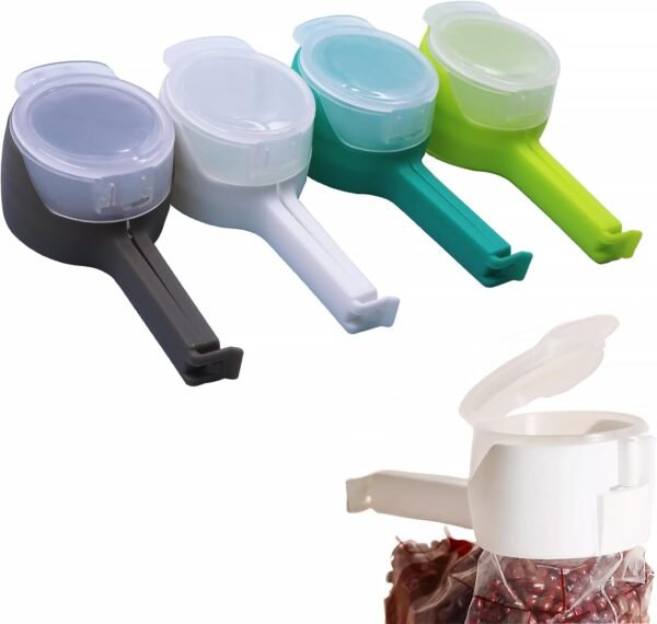 4 Pcs Bag Clip with Pour Spout, Plastic Food Storage Clips, Sealing and Pour Bag Clips for Food Storage and Organization (Mixed Color)