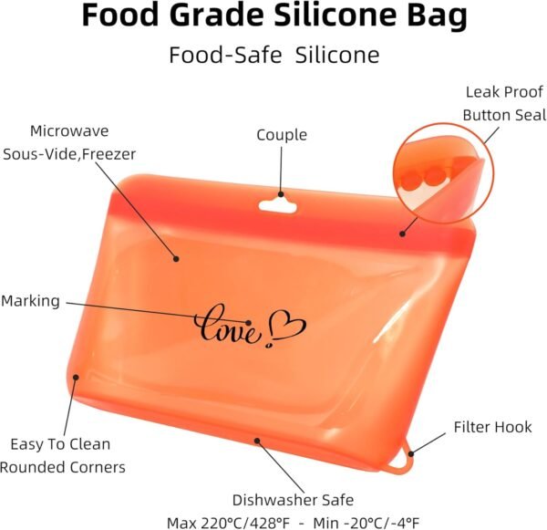 Silicone Food Storage Bag Containers Airtight Organization And Refrigerator Kitchen Travel Accessories,Meal Prep Containers Reusable Fruit Sandwich Snackle Cereal Clear Lunch Bag(Red, Small) - Image 2