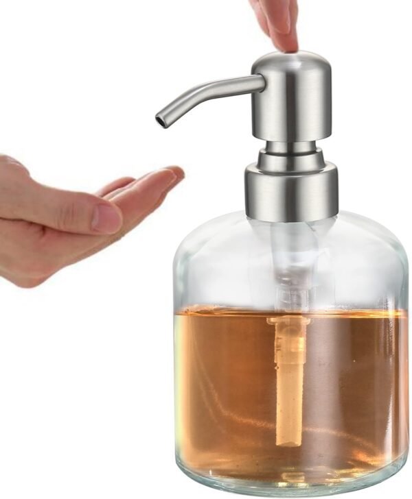 Qeemee Clear Glass Soap Dispenser, 11 Oz Boston Round Bottle Dispenser with Stainless Steel Pump, Refillable Kitchen & Bathroom Countertop Dish Soap Dispenser, Brushed Nickel