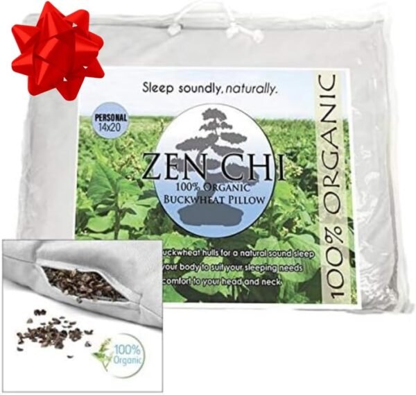 Buckwheat Pillow - Organic Standard Size (14x20) w Natural Cooling Technology- All Cotton Cover w Organic Buckwheat Hulls- Xmas Gift Comfortable Sleep, Naturally Adjusts to Head