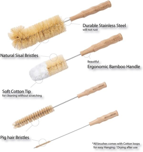 4Pcs Long Handle Bottle Cleaning Brush Set by HELLO NATURE, Sustainable & Biodegradable Natural Fibre Bamboo Handle Brushes Zero-Waste & Plastic Free - Image 3