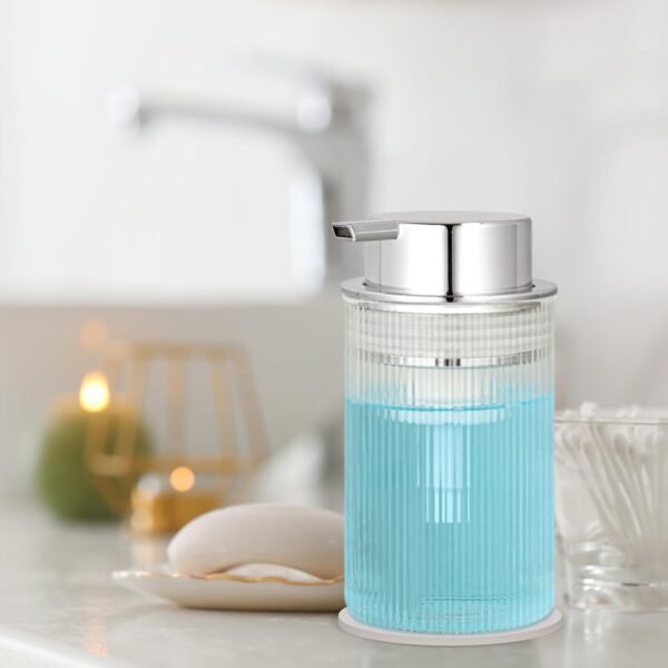 NiHome 14oz Ribbed Glass Foaming Hand Soap Dispenser, High-Capacity Easy to Refill for Home & Commercial Use, Clear Foaming Soap Dispenser for Bathroom, Kitchen with Large Foam Pump & Non-Slip Mat - Image 7