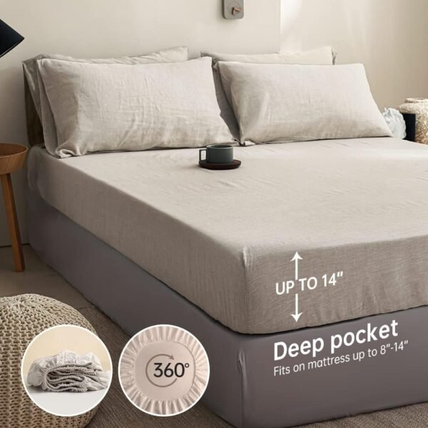 Simple&Opulence 100% Linen Sheet Set Solid Color- 6 Pcs Washed French Flax Bed Sheets (1 Flat Sheet, 1 Fitted Sheet, 4 Pillowcases) - Breathable Home Collection (Basic Linen, Queen) - Image 4