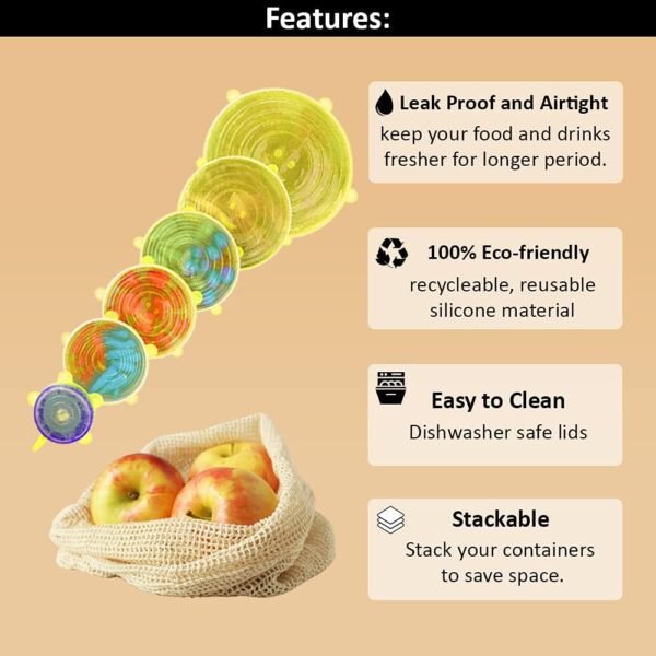 Reusable Beeswax Food Wrap- Silicone Stretch Lids - Reusable Produce Bags, Eco Friendly Food Storage, Dishwasher & Freezer Safe, Reusable Grocery Bag for Storage, 15 Pack (6 Wrap 3 Bags 6 Lids) - Image 3