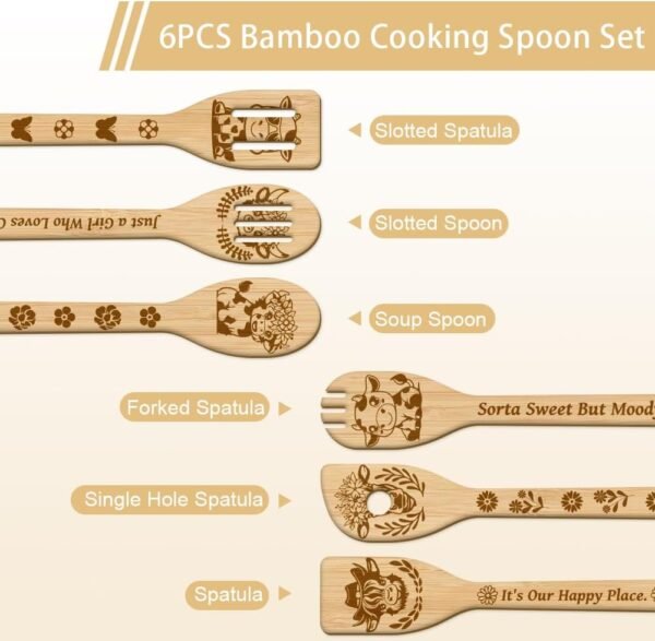 GLOBLELAND 6Pcs Farm Cow Wooden Spoons Utensil Set Bamboo Carving Kitchen Cooking Utensils Wooden Engraved Cooking Spatula Set for Kitchen Fun House Warming Gift - Image 2