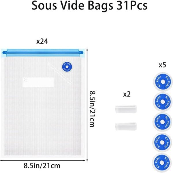 Sous Vide Bags 31Pcs, Reusable BPA Free Vacuum Sealer Bags (8.5 * 8.5in) Vacuum Food Storage Bags for Cooking/Food Storage/Microwave Heating - 24Pcs Vacuum Zipper Bags & 2 Seal Clips & 5 Air Valves - Image 2