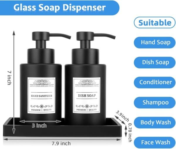 Black Soap Dispenser Bathroom Set,Glass Soap Dispenser with Stainless Steel Pump,12 Oz Liquid Hand and Dish Soap Dispenser Set with Tray,Shampoo and Conditioner Dispenser Bathroom Decor. - Image 3