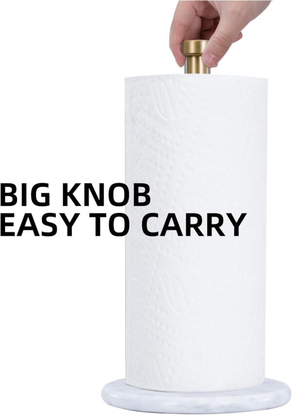 Paper Towel Holder with Marble Base - 13" x 7" Upright Paper Roll Dispenser with Heavy Non-Slip Base for Easy One-Handed Tear - for Countertops, Cabinets, and Bathrooms (White Marble Base, Gold) - Image 5
