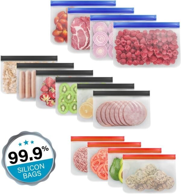 14-Pack Reusable Silicone Food Storage Bags – BPA-Free, Leakproof & Dishwasher Safe Freezer Bags for Adults, Meal Prep, Marinating, Snacks, and Travel – 4 Small, 6 Medium, 4 Large Sizes