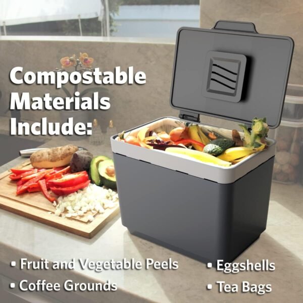 GLAD Compost Bin for Kitchen, 1.5 Gallon | Plastic Container with Removable Inner Basket, Bag Storage Holder, and Carbon Odor Blocking Filters, Gray - Image 8