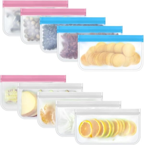 10 Pack Reusable Snack Bags Dishwasher Saf， Silicone Leakproof Reusable Freezer Bags, BPA Free Reusable Food Storage Bags for Candy, Snack, Cereal, Travel Items, Home Organization