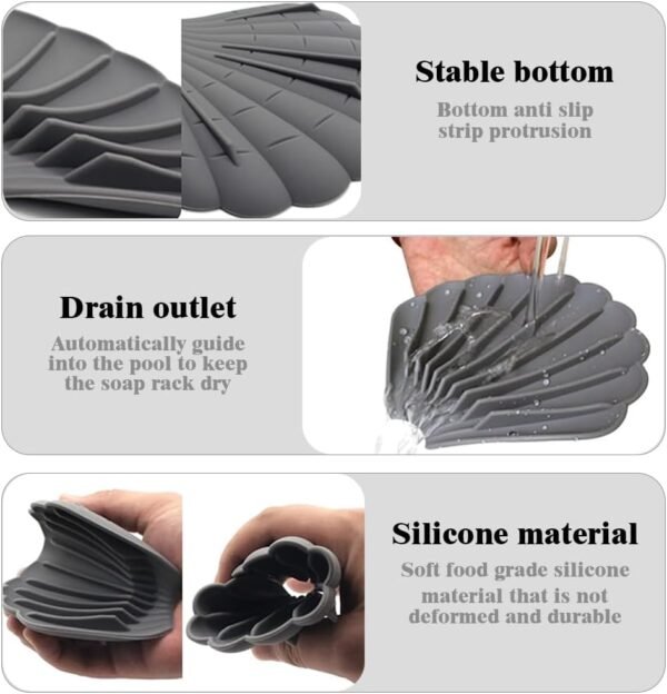 Silicone Soap Dish Soap Dish with Drainage Keep Soap Dry Cute Soap Dish Shell Shape for Bathroom Kitchen Sinks(3 Pcs, Blue, White & Gray) - Image 3