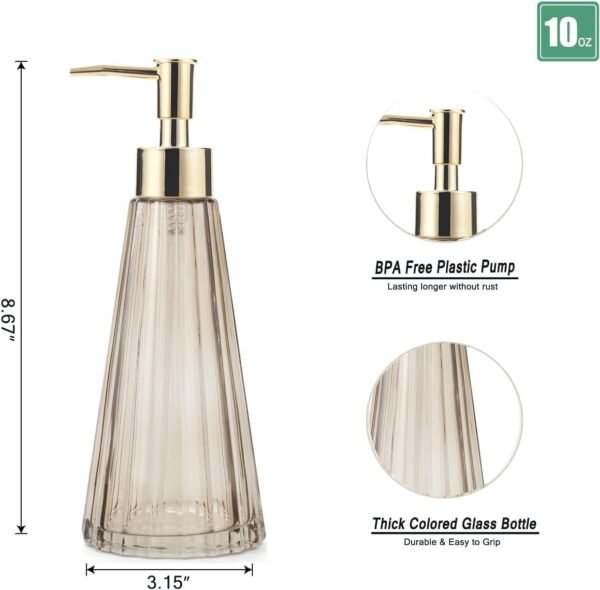 10oz/300ml Hand Soap Dispenser Bathroom, Kitchen Soap Dispenser, Glass Soap Dispenser with Gold Rust Proof Pump, Liquid Soap Dispenser with Elegant and Beautiful Color (Brown) - Image 2