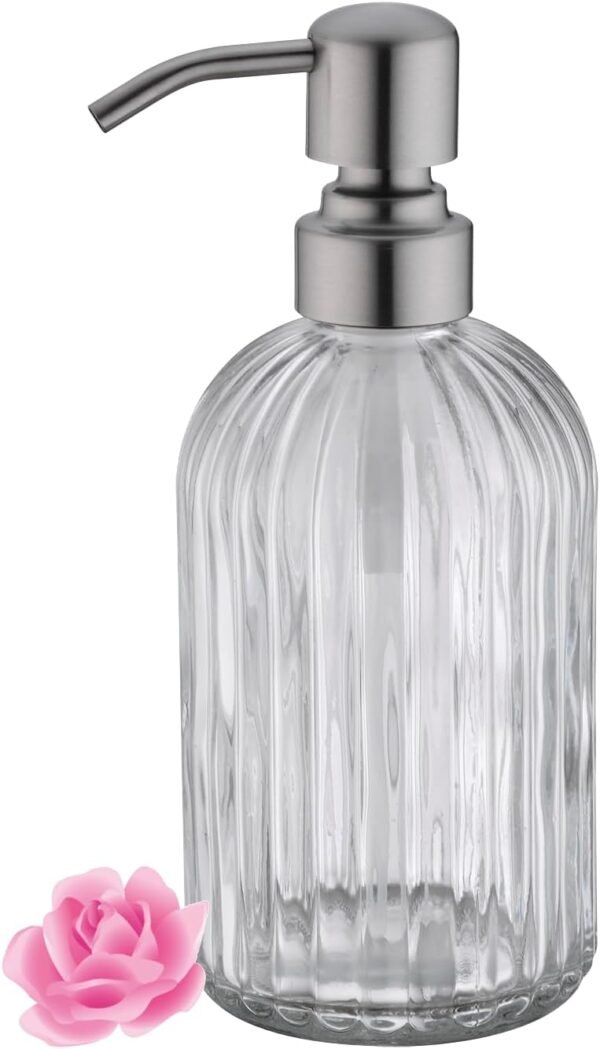 Aspasia Glass Soap Dispenser, Clear Glass Bottle with Rust Proof Stainless Steel Pump, Refillable Liquid Hand Soap Dispenser for Bathroom, Kitchen, 15 Oz, Brushed Nickel