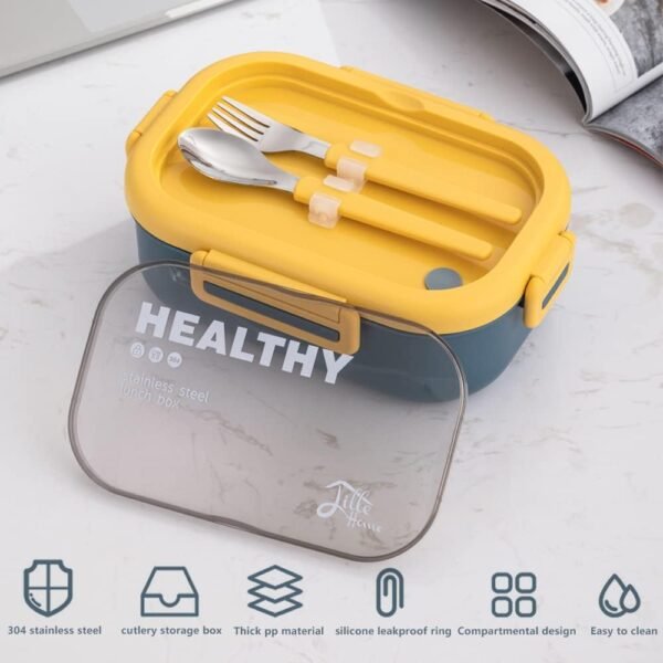 Lille Home 28oz Stainless Steel Leakproof 2-Compartment Bento Lunch Box/Portion Control Food Container with Lunch Bag and Cutlery Set, BPA Free (Blue) - Image 3
