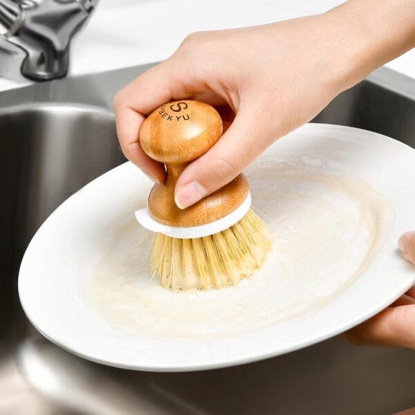 SUBEKYU Bamboo Dish Brush, Kitchen Dish Scrubber Brush with Soap Dispenser, Natural Wooden Dishwashing Brush for Cleaning Dishes/Pans/Pots, Built-in Scraper, Sisal Bristles,1 Set - Image 6