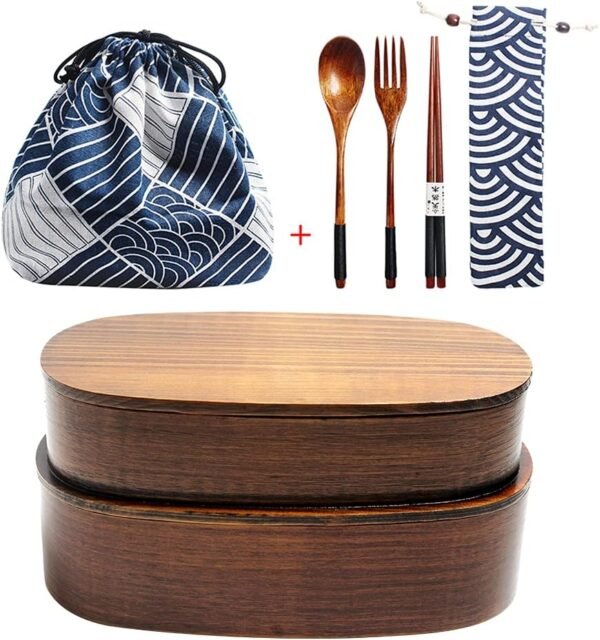 DODY Wooden Lunch boxes, Japanese Traditional Natural Square Wooden Lunch Containers Women's Men's Adult Kids Wood Bento Box with Spoon Fork kit and Storage bag