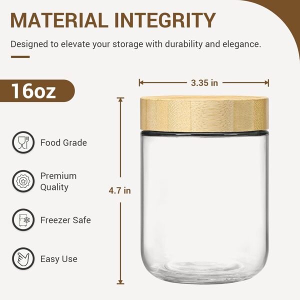 NETANY 4-pack 16oz Glass jars with Airtight Lids, Overnight Oats Containers with Bamboo Lids, Wide mouth Mason Salad jars, Glass Food Storage Containers for Snacks Yogurt Spice Sugar - Image 2
