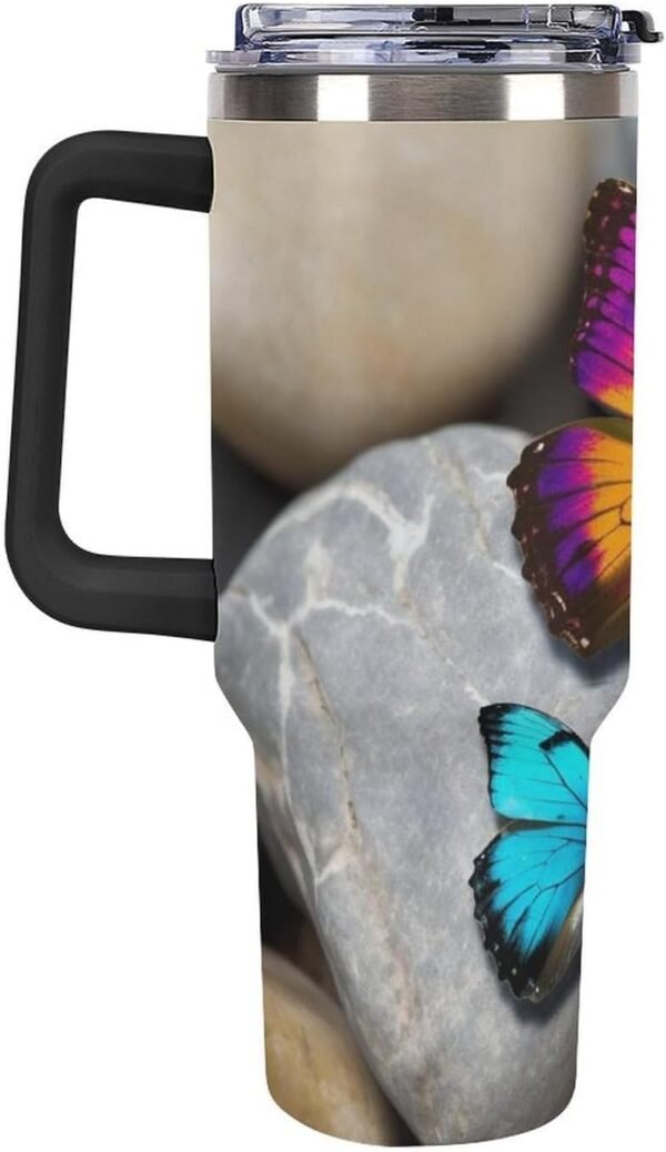 Colorful Butterfly Stone Insulated Tumbler 40 Oz Stainless Steel Double Wall Vacuum Travel Mug Large Capacity Car Cup Reusable Coffee Cup with Handle And Straw Lid Gifts Black - Image 4
