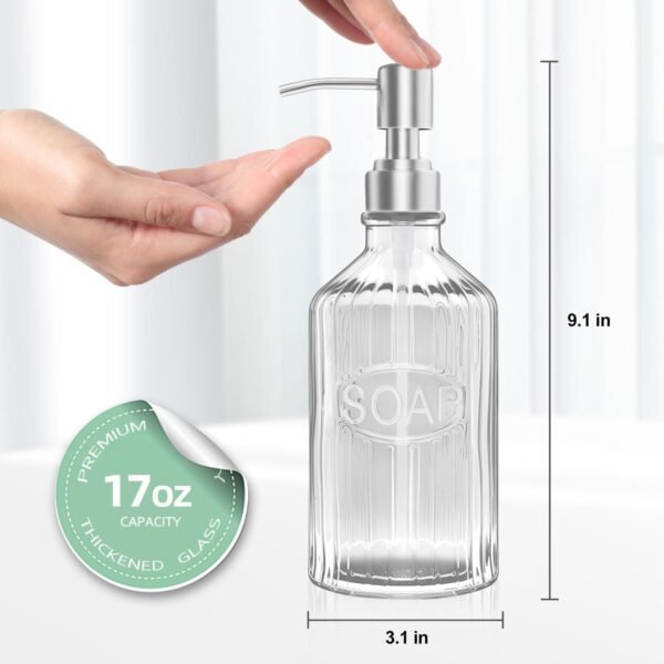 Glass Dish Soap Dispenser - Refillable Kitchen Hand Pump for Rust Proof Stainless Steel Countertop, Clear Liquid Bathroom Dispenser - Image 4