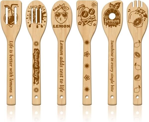 GLOBLELAND 6Pcs Lemon Wooden Spoons Utensil Set Bamboo Carving Kitchen Cooking Utensils Wooden Engraved Cooking Spatula Set for Kitchen Fun House Warming Gift