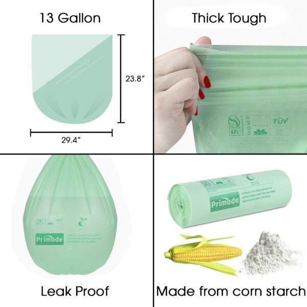 Primode Compostable Bags 13 Gallon, Tall Kitchen Trash Bags, 100 Count, Extra Thick 0.87 Mil. ASTMD6400 Food Scrap Yard Waste Compost Bags, Certified by BPI and TÜV AUSTRIA - Image 3