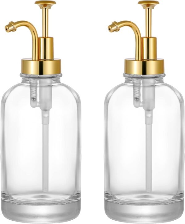 2 Pack Thick Clear Glass Jar Soap Dispenser with Gold Pump, 17ounce Clear Boston Round Bottles Dispenser with Rustproof Pump, Coffee Syrup Dispenser Bar Accessories, Dish Soap Dispenser for Kitchen