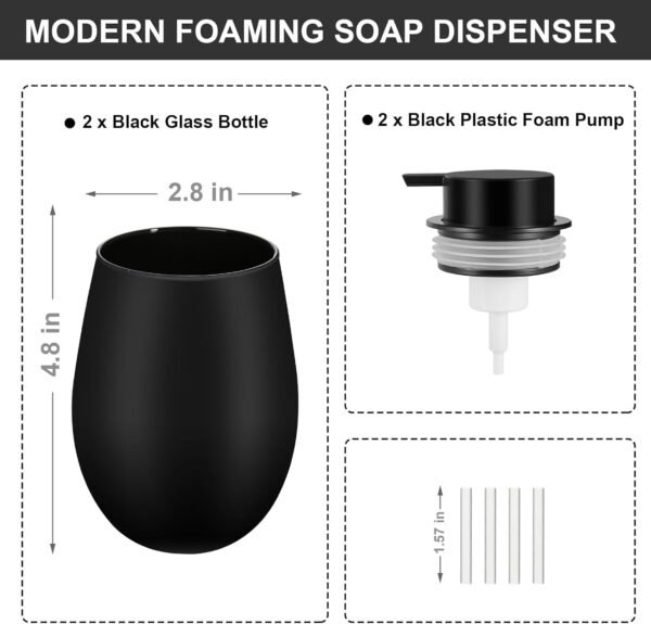Foaming Soap Dispenser, 2 Pack Black Foam Hand Soap Dispenser Bathroom, 16 Oz Glass Dish Foaming Pump Bottle for Kitchen, Refillable Modern Foamy Dispensers Bottles Containers - Image 2