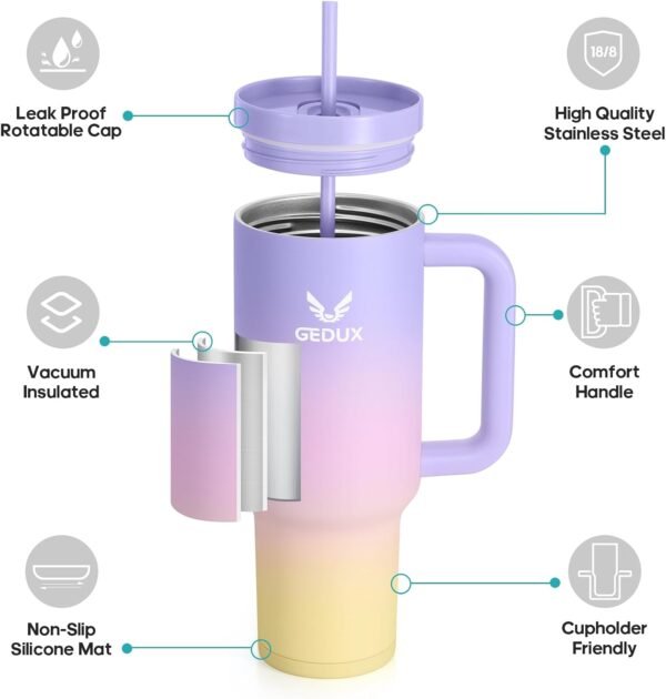 40oz Tumbler With Handle, 2-IN-1 Leak Proof Lid (Straw/Flip), Insulated Water Bottle, Stainless Steel Tumbler with Non-Slip Silicone, Wide Mouth Travel Mug Cupholder Friendly Dishwasher Safe - Image 3