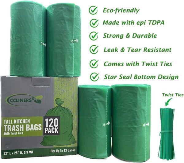 Tall Kitchen Biodegradable Trash Bags 13 Gallon (120 Bags) Eco-friendly Medium Green Garbage Bag 55 Liter Landfill-Friendly Can Liners Portable Camping Toilet Bags Made With epi (120 count) - Image 3