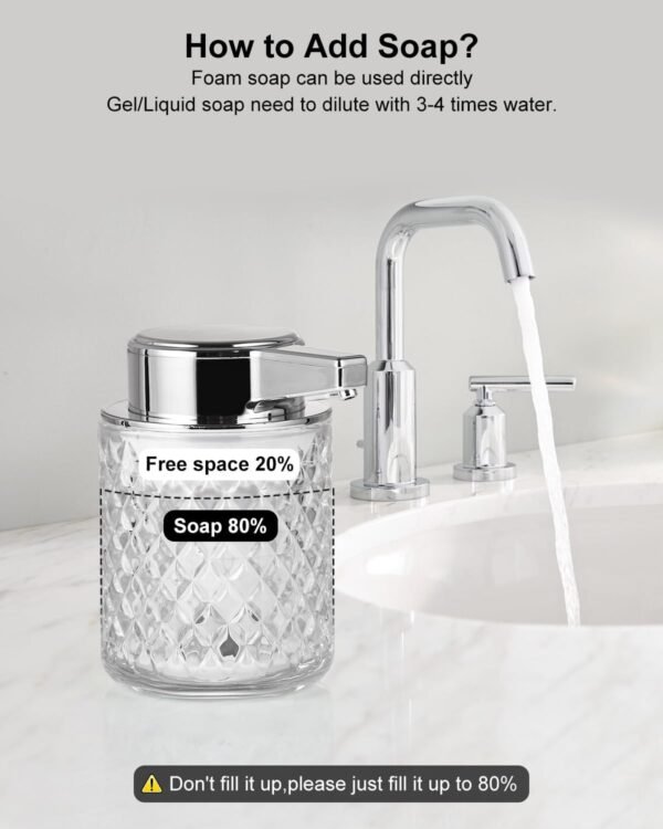 Automatic Soap Dispenser, Foaming Hand Soap Dispenser, Touchless Refillable Clear Glass Soap Dispenser with Pump, Diamond Embossed, Electric Dish Soap Dispenser for Bathroom, Kitchen - Image 5