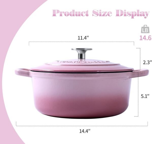 Enameled Cast Iron Covered Dutch Oven with Lid Round Pot for Bread Baking, 7 Quart, Pink - Image 4
