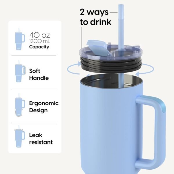 O'JAY Insulated 40oz Tumbler with Handle and Straw Lid - 100% Leak-Proof - Cupholder Friendly Travel Mug - Stainless Steel Insulated Tumbler with Lid and Straw - (Skyline Horizon) - Image 4