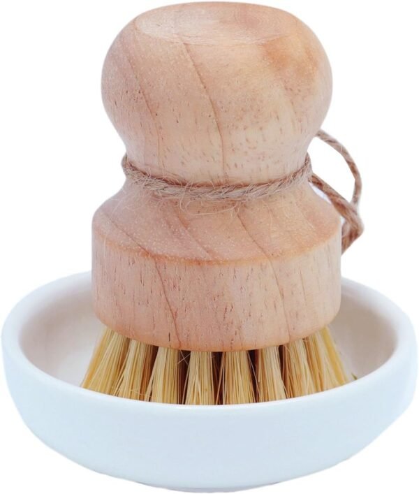 Bamboo Dish Scrub Brushes, Kitchen Wooden Sisal Natural Dish Brush, Cleaning Scrubbers Set for Washing Cast Iron Pans and Vegetables (Ceramic Dish+ 1P Sisal)