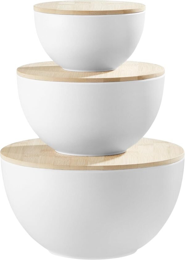 Large Salad Bowls with Lid & Serving Utensils, Set of 3 Bamboo Fiber Mixing Bowls Set for Serving Salads, Kitchen Eating, Pastas, Popcorn, Chips, Fruit, Food Prepare (WHITE)