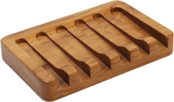 Soap Dish with Slanted Waterfall Design by HTB, Bar Soap Holder Teak Wood, Soap Saver for Shower, Bathroom, Sink, Kitchen and Countertop