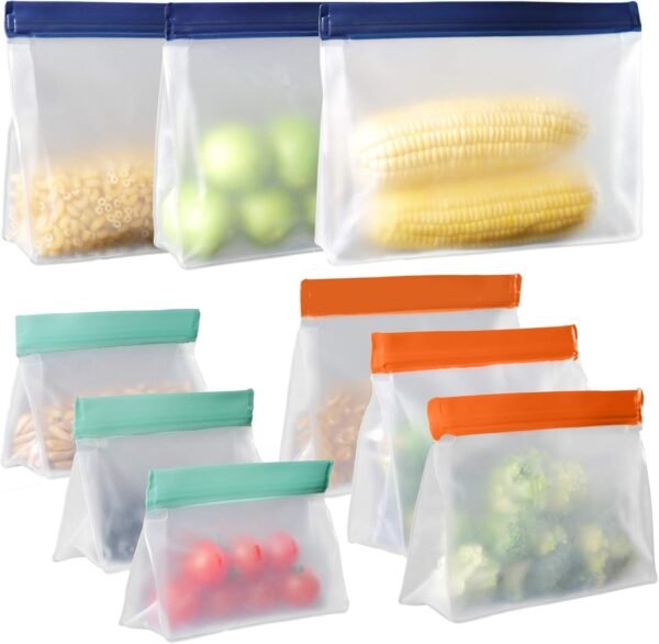 Meetall 9 Pack Reusable Food Storage Bags, 3 Sizes Mixed.3 Gallon Size Bags for Meats,Fish and Vegetables&3 Sandwich Bags&3 Snack Bags for Kids' Food.Reusable,Freezer Safe,Stand Up and Leakproof.