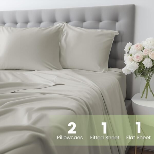 JSELF 100% Organic Viscose from Bamboo Sheets Queen Size Set - Ultra Soft & Luxuriously Cooling Sheets for Hot Sleepers, Double Stitching, 16" Deep Pocket, 4PCS Queen Size Bed Sheets Set (Grey) - Image 7