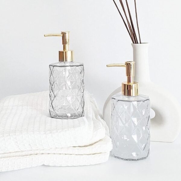 Clear Glass Soap Dispenser with Gold Pump, 2 Pack 12oz Diamond Hand Soap Dispenser, Refillable Lotion Dispenser & Dish Soap Dispenser, Bathroom Soap Dispenser for Liquid, Shower Gel - Image 7