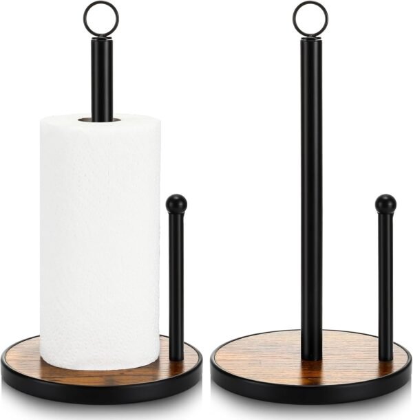 Baderke 2 Pcs Paper Towel Holder Countertop with Weighted Wooden Base Metal Roll Holder Farmhouse Paper Towel Holder Black Brown Paper Towel Holder Stand for Kitchen Counter Dining Table
