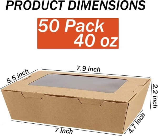 50 Pack Take Out Food Containers with Window, 40 Oz Disposable Brown Paper Food To Go Box Kraft Lunch Meal Food Boxes for Restaurant, Catering, Party, Concession Stand, Picnic - Image 2