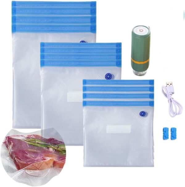 Sous Vide Bags 25pcs, BPA-Free Reusable Vacuum Seal Bags for Food/Freezing safe-25pcs Vacuum Food Storage Bags with Handheld vacuum sealer electric pump & Seal Clips & Air valves for Sous Vide Cooking