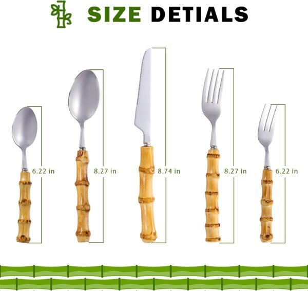 Silverware Set Bamboo Cutlery for 5 PCS, Premium Bamboo Handles Knife Forks and Spoons Silverware Set for Daily Use and Party, Flatware Set, Bamboo Silverware Utensils Set, Tableware Set - Image 2